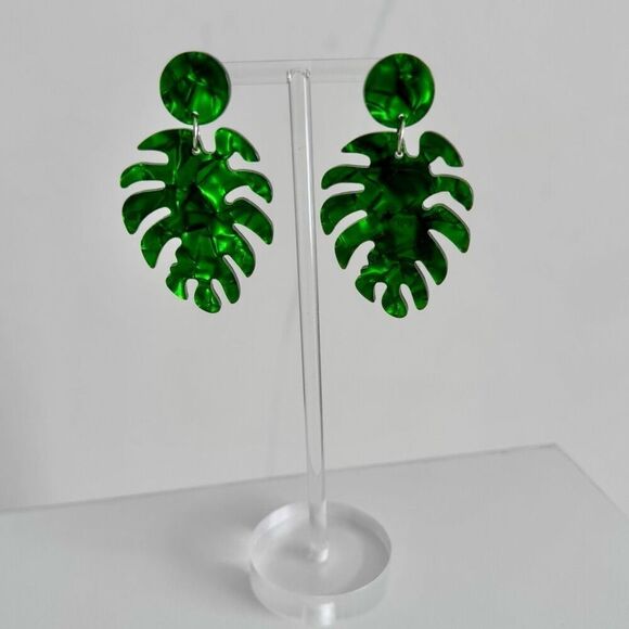 Green Palm Leaf Monsters 2” Drop Earrings - Picture 2 of 4
